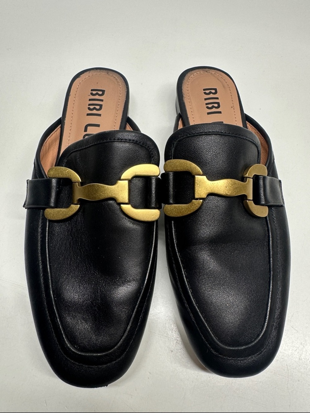 Bibi Lou Zagreb Slip On Mules Loafers Shoes Leather Horsebit Black Gold Size 8